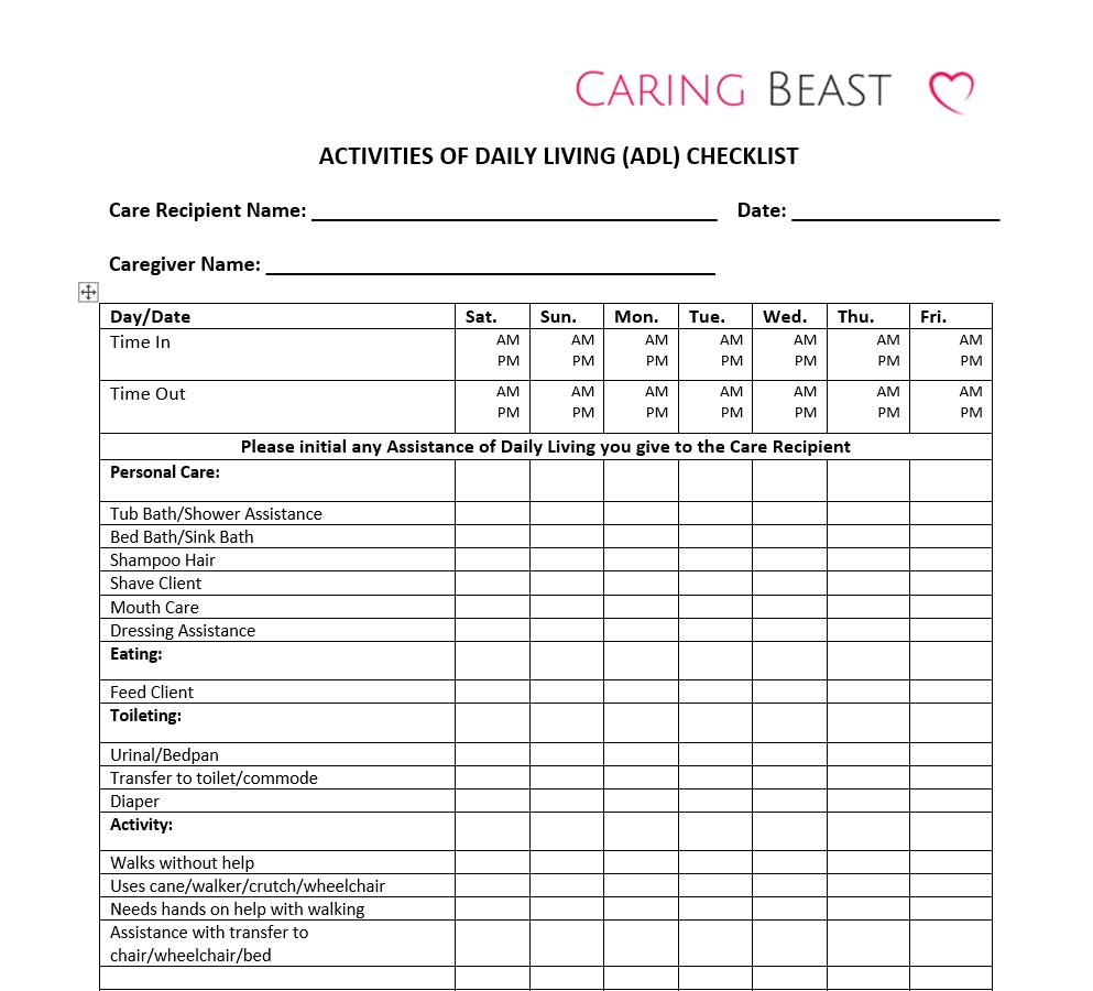 Free Printable Caregiver Daily Checklist Elderly Printable Form Templates And Letter